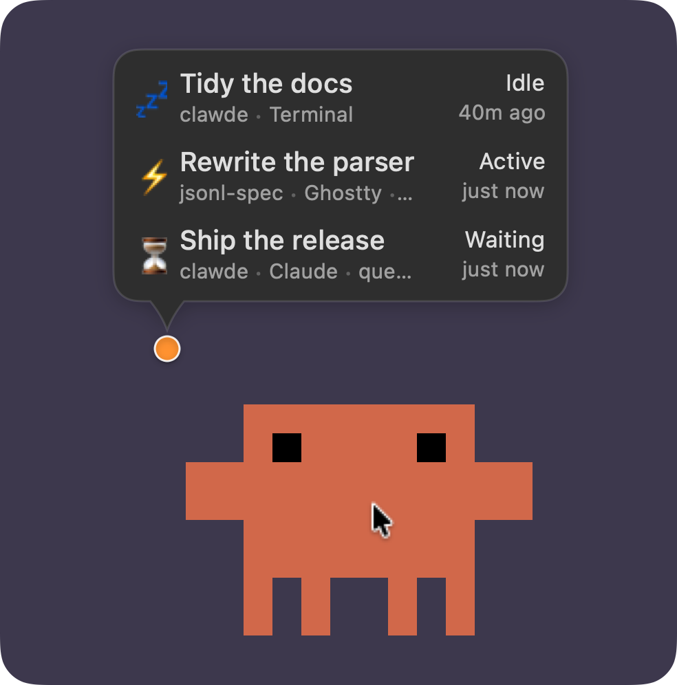 The pet with its speech bubble open over three sessions. The pointer moves onto the waiting session and the pet waits with a question mark, then onto the working one and it pulls out a laptop and types.